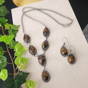925 Silver Plated 20" Chain Necklace Matching Earrings with Tiger Eye Stones